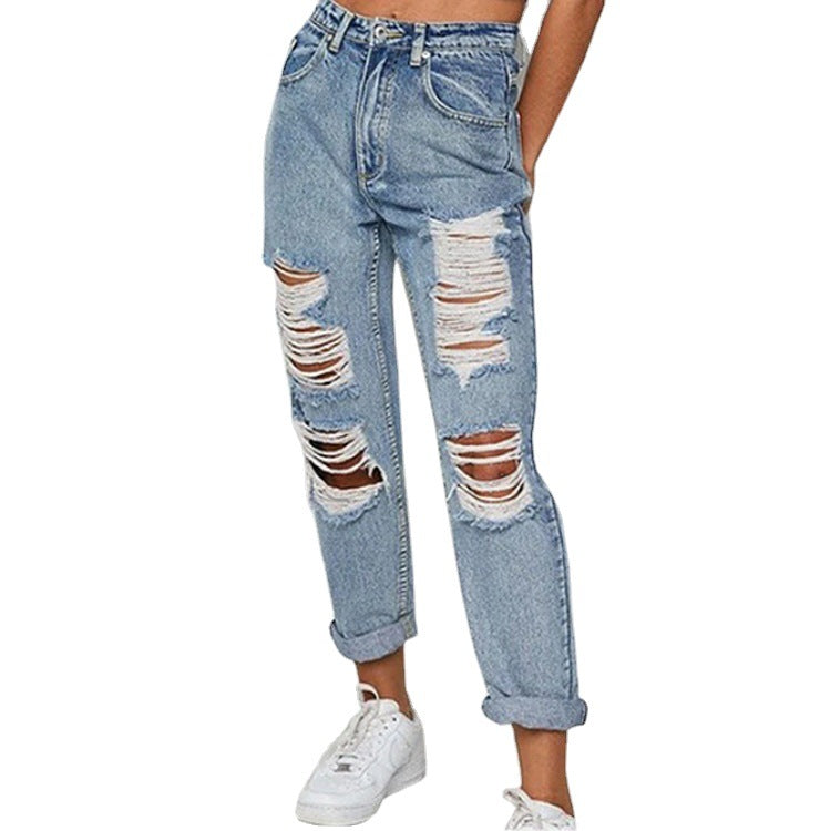 Women's Ripped Holes Loose-Fit Jeans. Cotton,Denim,Loose,ripped