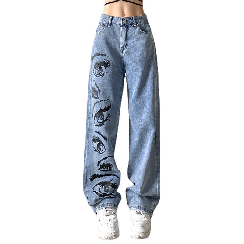 Fashion Personality Eye Print Blue Jeans Women. Jeans