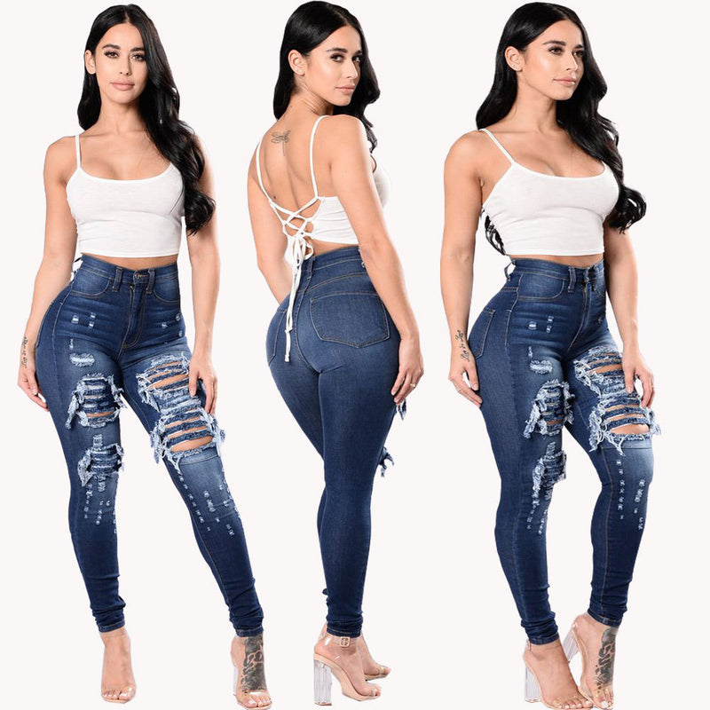 Women's Top Thigh Ripped Jeans. Cotton,Denim,ripped,Tight