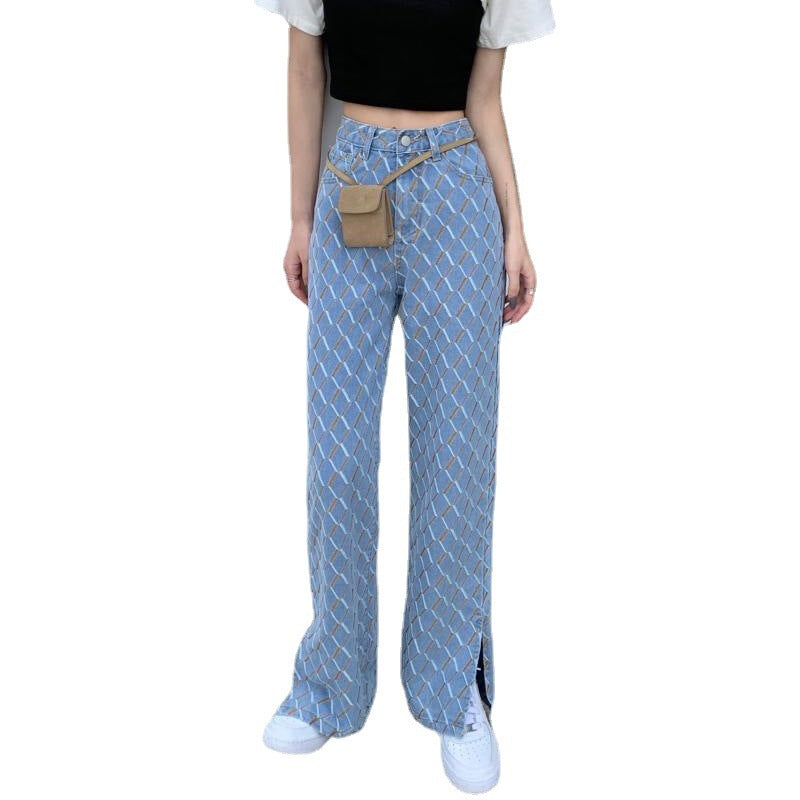 Retro Hong Kong Style High Waist Thin Wide Leg Pants Ladies Jeans.