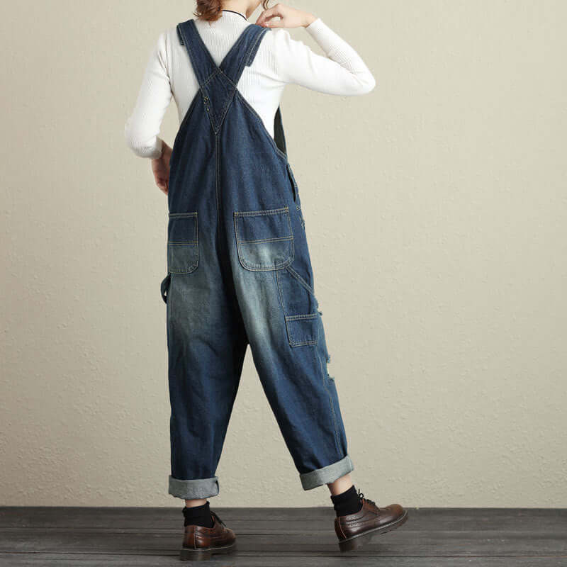 Vintage Art Loose Denim Suspenders Large Size Ripped Jumpsuit. Cotton,Denim,Jumpsuit