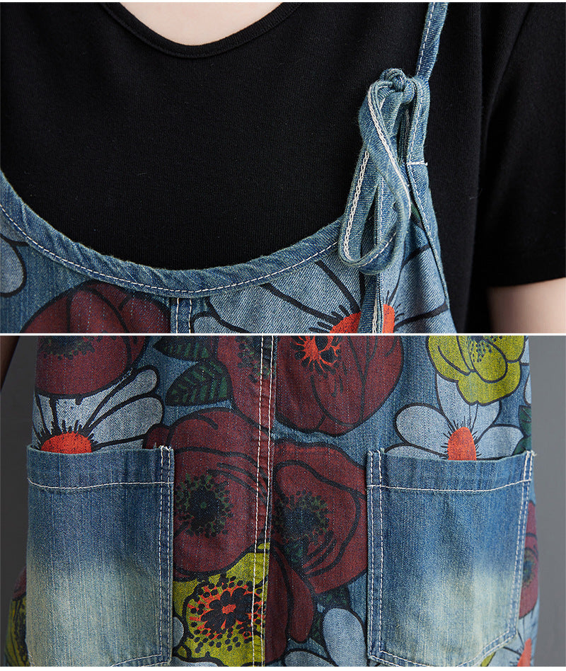 Korean New Literary Style Jeans Printed Suspenders Women.