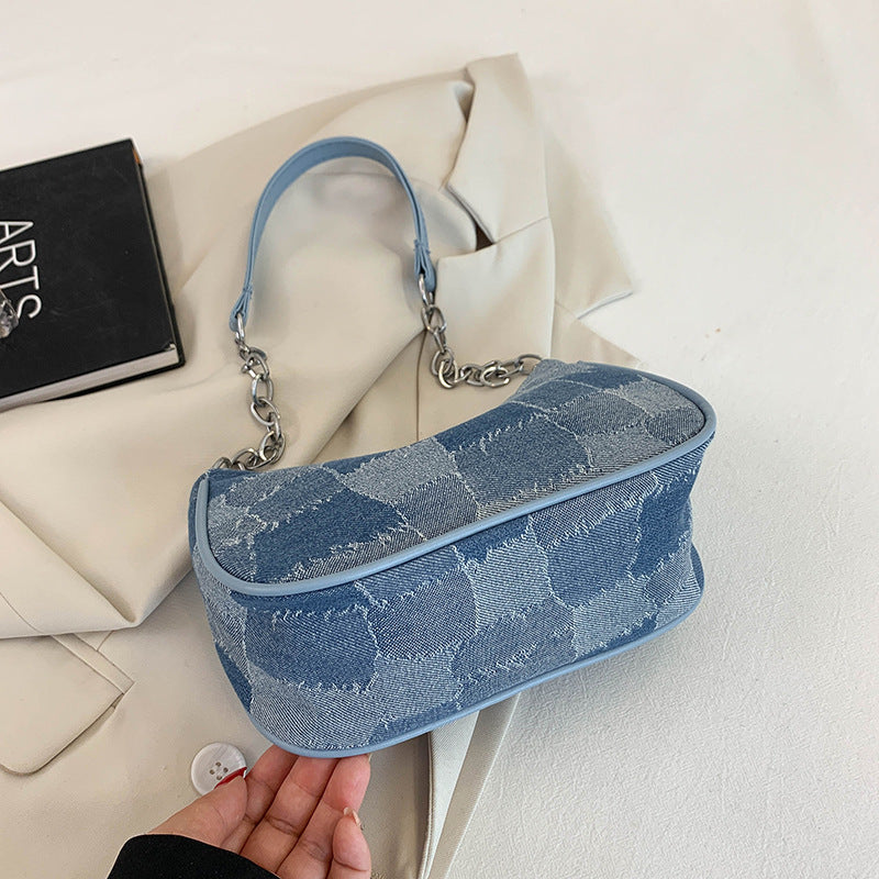 Denim Shoulder Bag Simple Plaid Patchwork Underarm Bag Women. Bag,Cotton,Denim