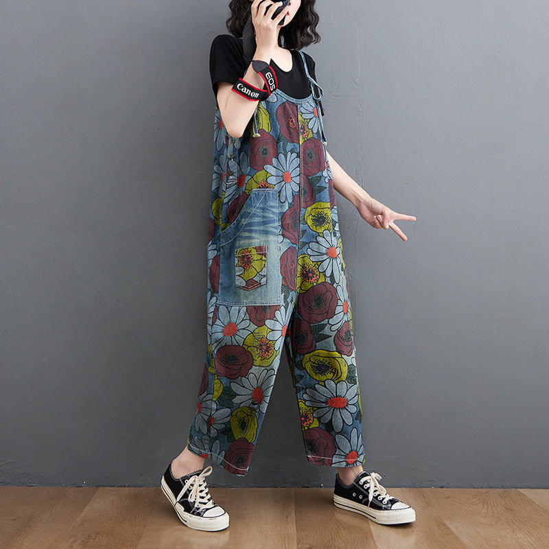 Korean New Literary Style Jeans Printed Suspenders Women.