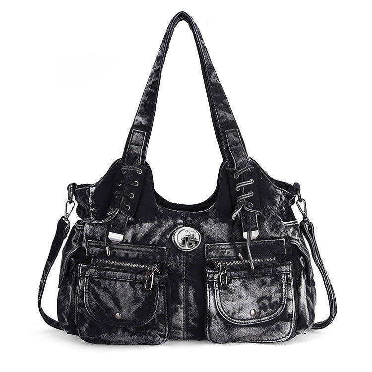 Leisure Fashion Big Denim Shoulder Bag. Bag,Cotton,Denim,Pockets