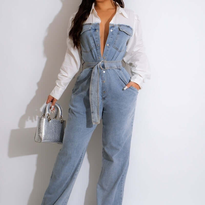 Casual Denim Stitching Plus Size Jumpsuit. Cotton,Denim,Jumpsuit