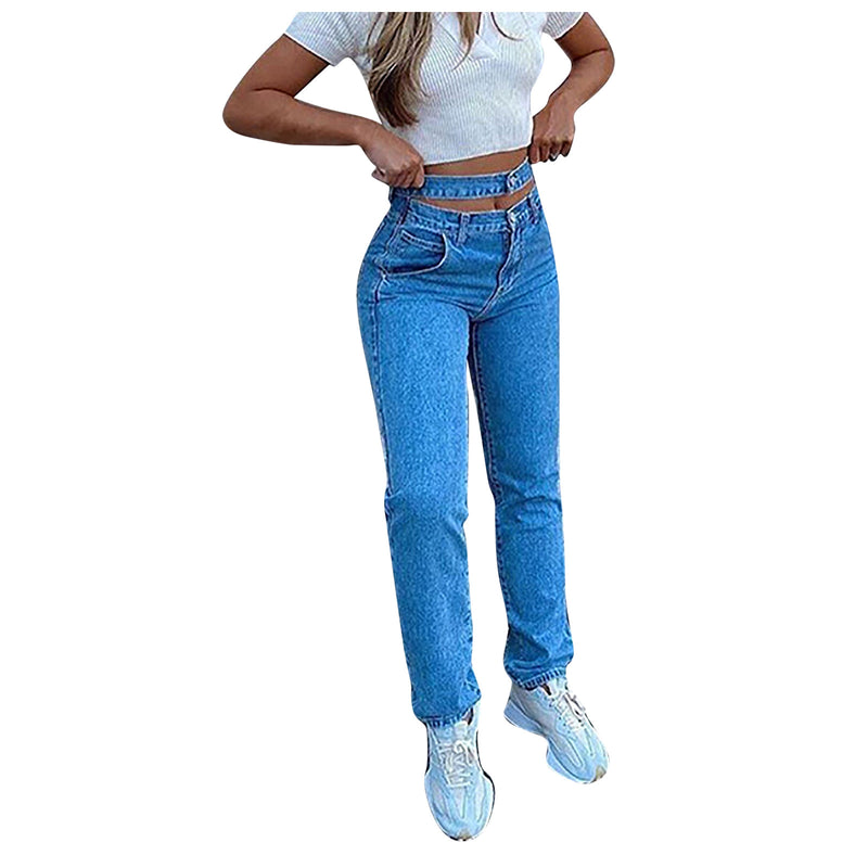 Women's New High-Waist Washed Blue Long Jeans.