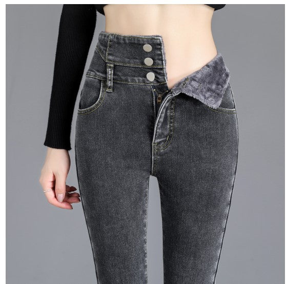 Women's High Waist Jeans Trendy Plush Fleece. Cotton,Denim,Fleece,Lined