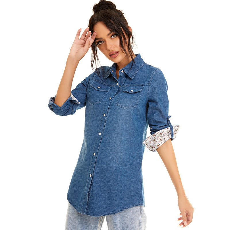 Women's New Denim Mid-Length Floral Stitching Denim Shirt Jacket