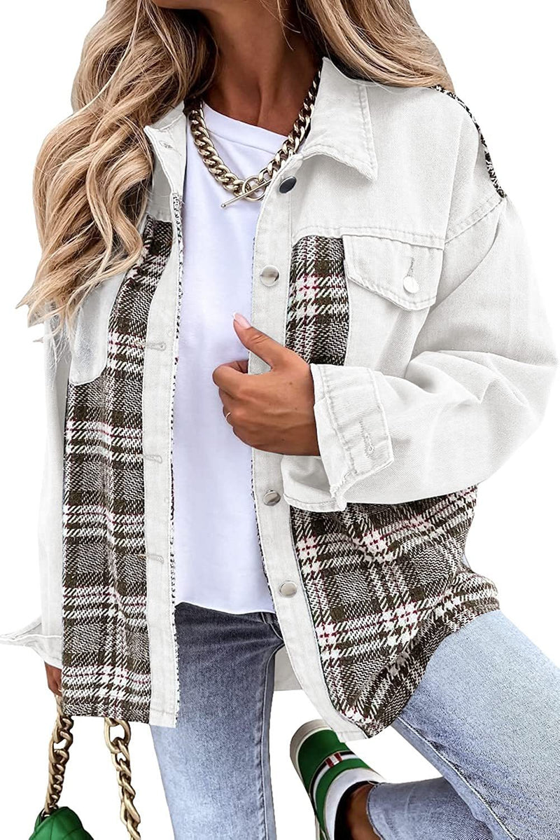 Denim Jacket Long Sleeve Plaid Button Down Shirt. Cotton,Denim,Jacket