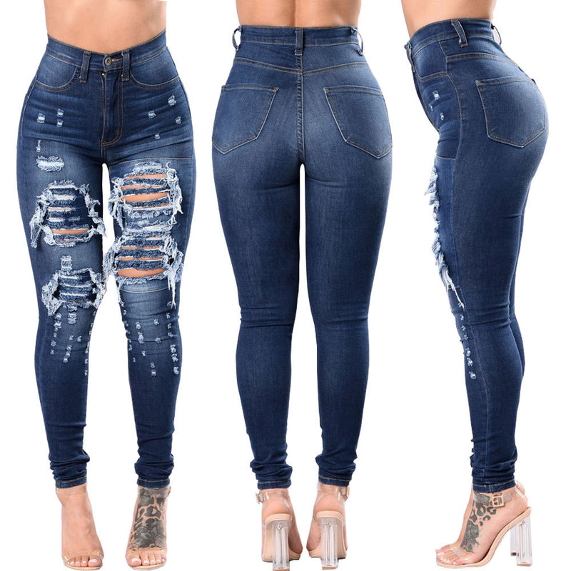 Women's Top Thigh Ripped Jeans. Cotton,Denim,ripped,Tight