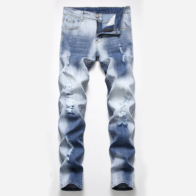 Men's Patched And Faded Light Jeans. Cotton,Denim,Faded,Jeans,Light,Patch