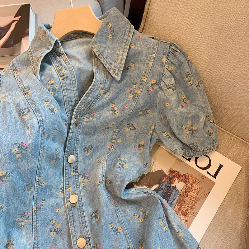 Women's Summer New Floral Puff Sleeve Denim Dress