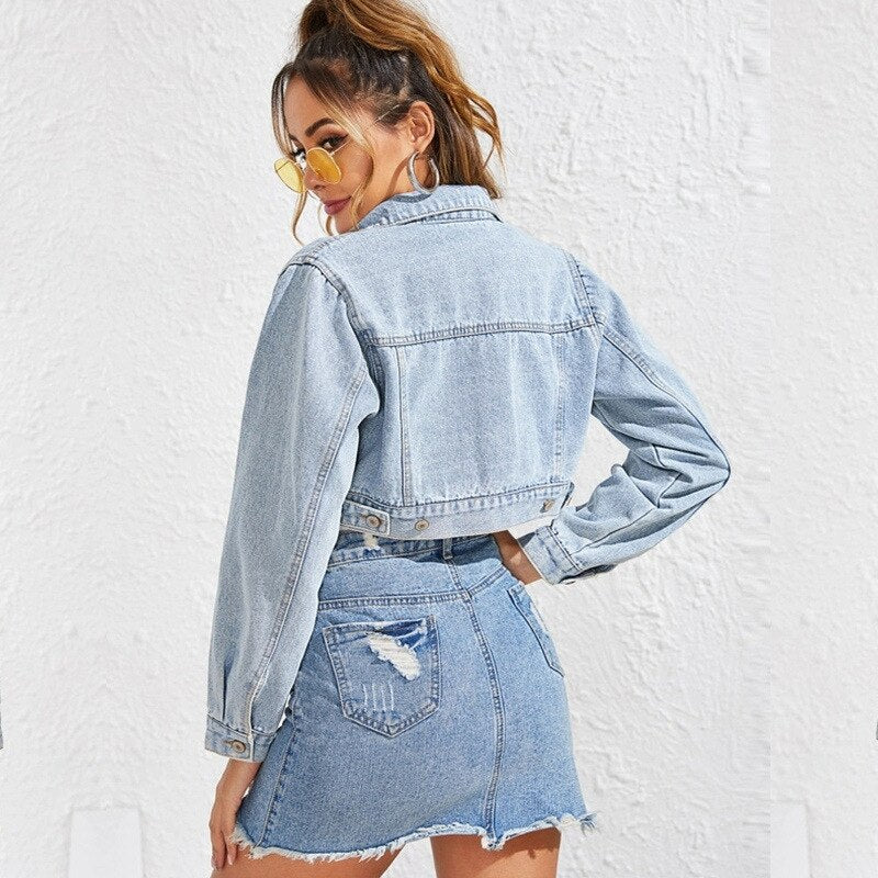 Ladies Fashion Lapel Short Denim Jacket. Cotton,Denim,Jacket