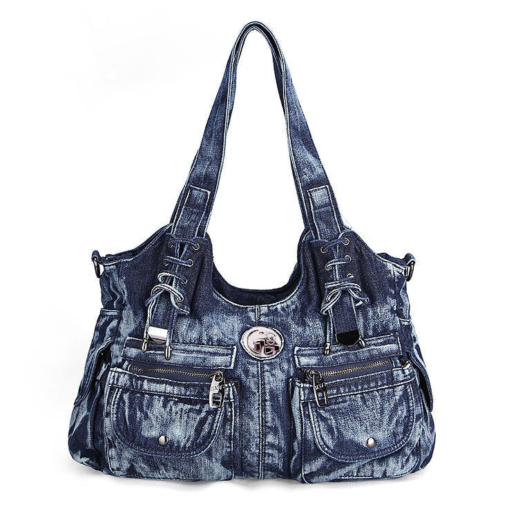 Leisure Fashion Big Denim Shoulder Bag. Bag,Cotton,Denim,Pockets