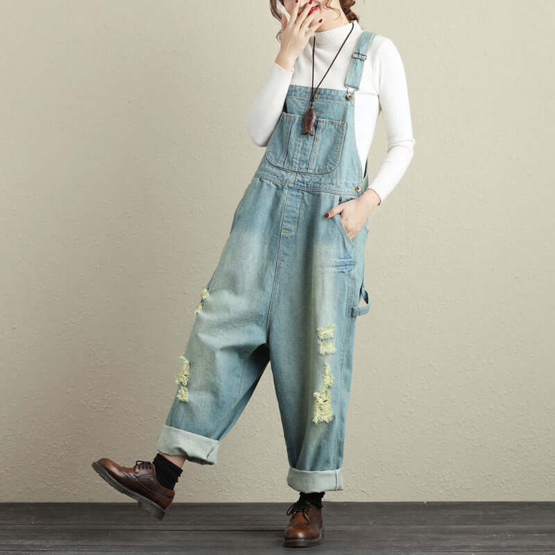 Vintage Art Loose Denim Suspenders Large Size Ripped Jumpsuit. Cotton,Denim,Jumpsuit