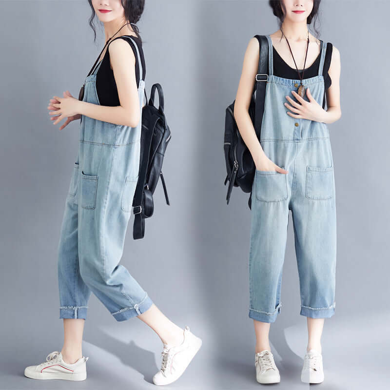 Women's Loose Large Size Jumpsuit Cropped Denim Overalls. Cotton,Denim,Jumpsuit