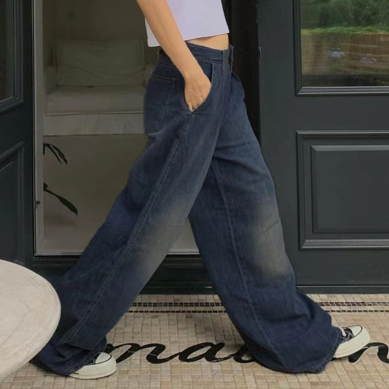 Washed Loose-Fit Simple High Waist Wide Leg Retro Blue Jeans.