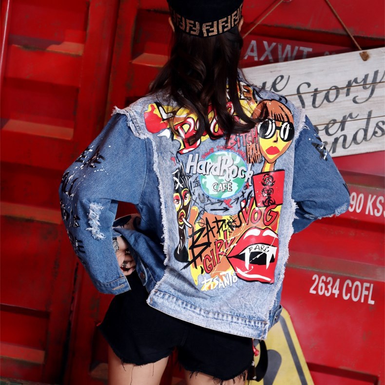 Abstract Print Long-Sleeved Denim Jacket. Cotton,Denim,Jacket