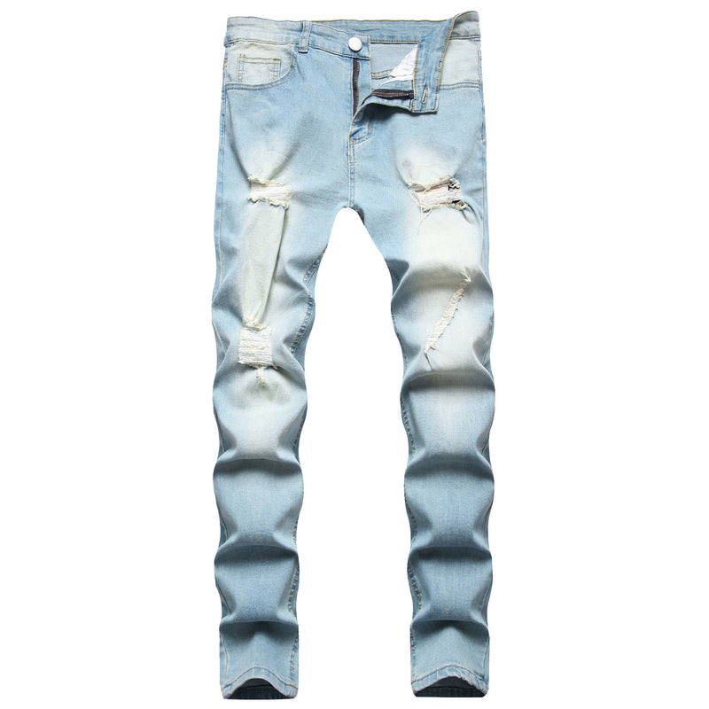 Men's Small Feet European And American Frayed Casual Slim Jeans. Denim,Distressed,Jeans,Slim,Small Feet