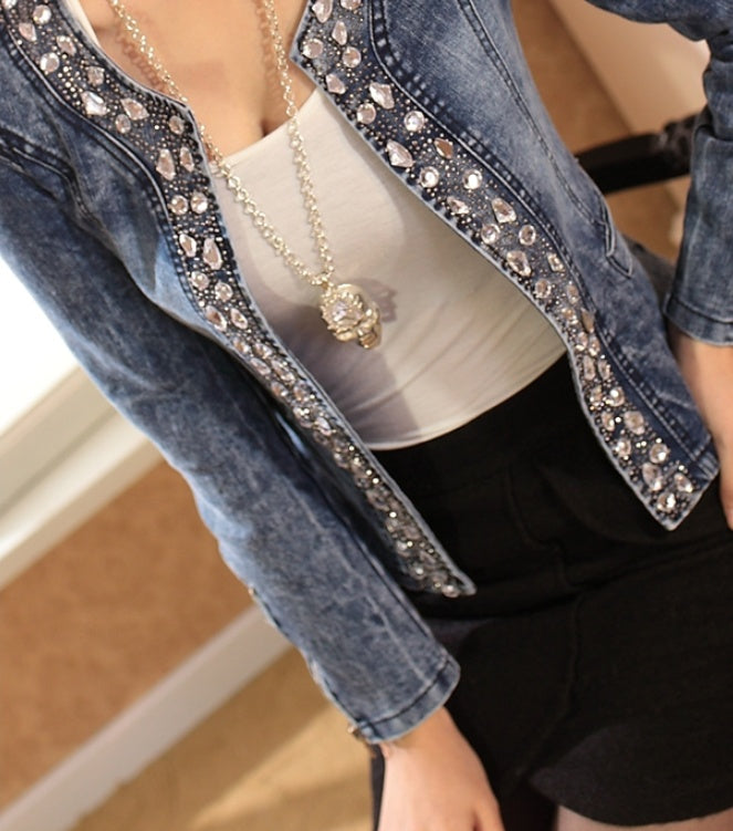 Spot stretch denim jacket rhinestone sequins retro short coat denim jacket denim jacket