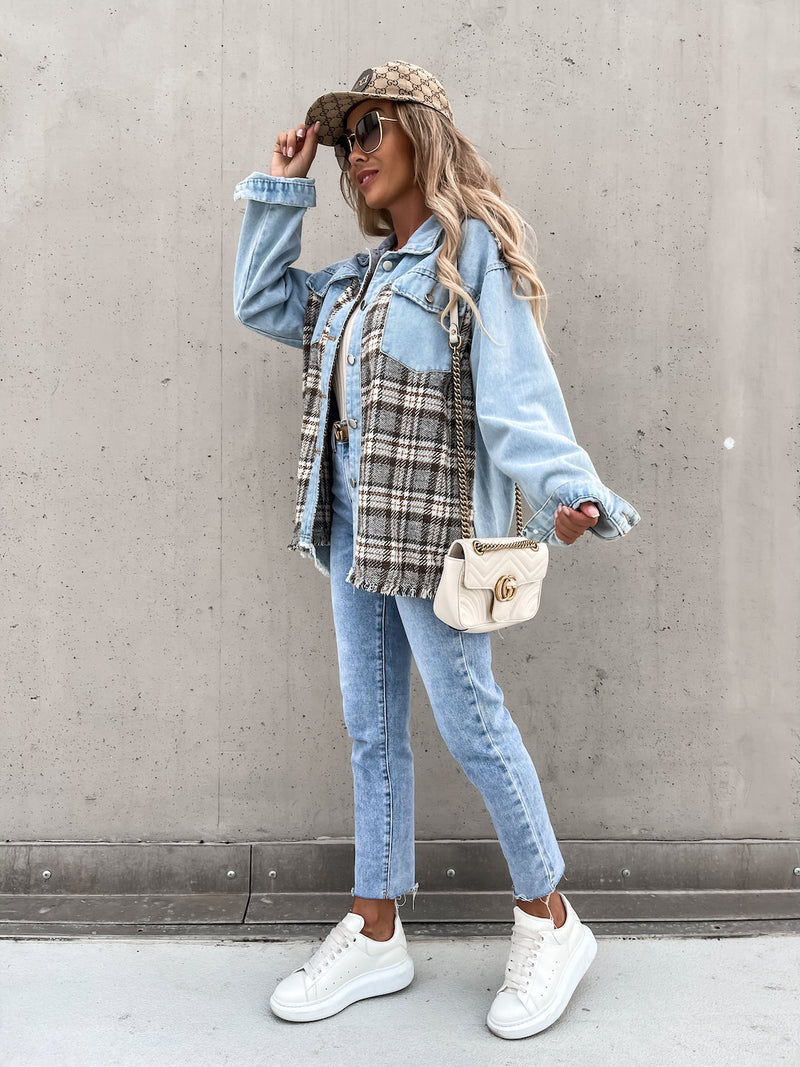 Denim Stitching Plaid Coat Loose Top Women. Cotton,Denim,Jacket