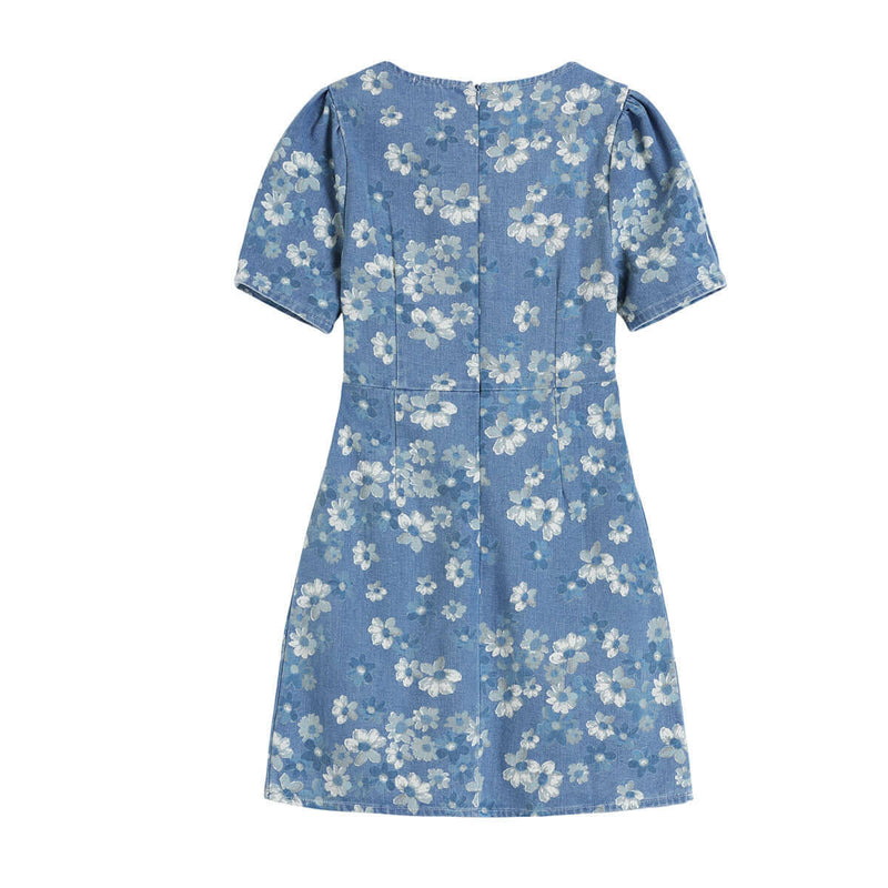 Women's Small Floral Blue Denim Skirt Dress