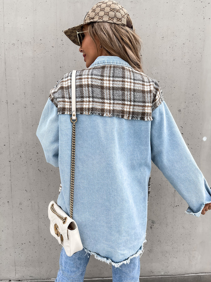 Denim Stitching Plaid Coat Loose Top Women. Cotton,Denim,Jacket