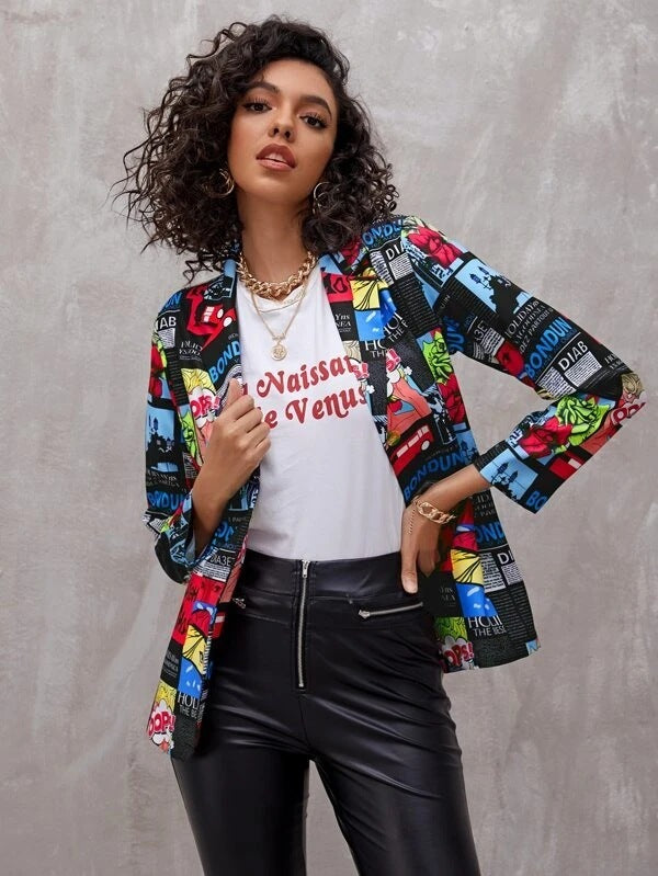 Newspaper Print Ladies Thin Suit Jacket