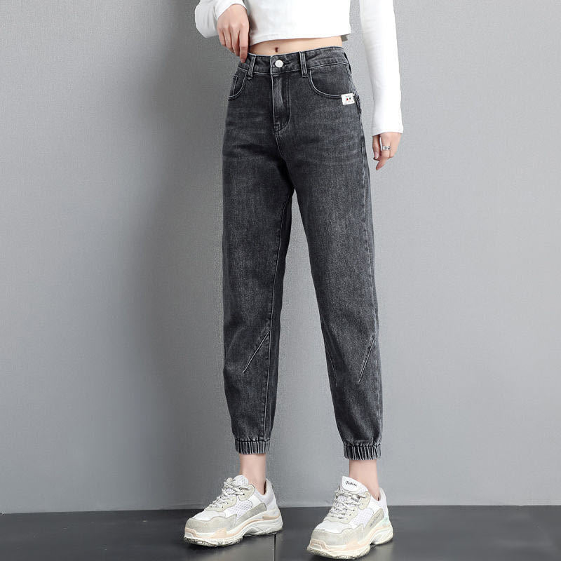 Women Streetwear Ankle Banded Jeans Korean Fashion Baggy.