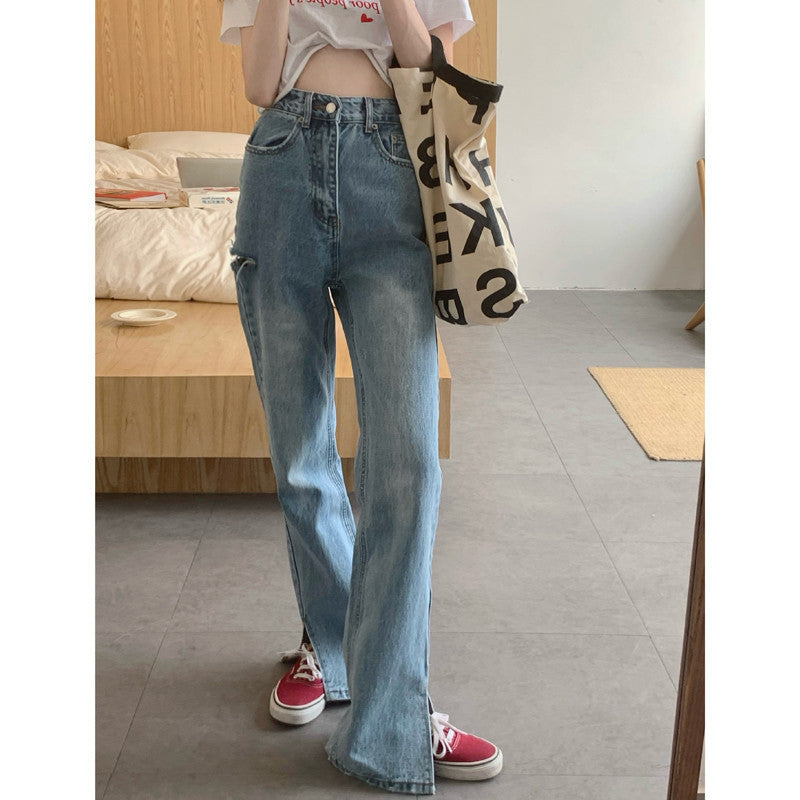 Women's Retro Loose High Waist Slit Jeans.