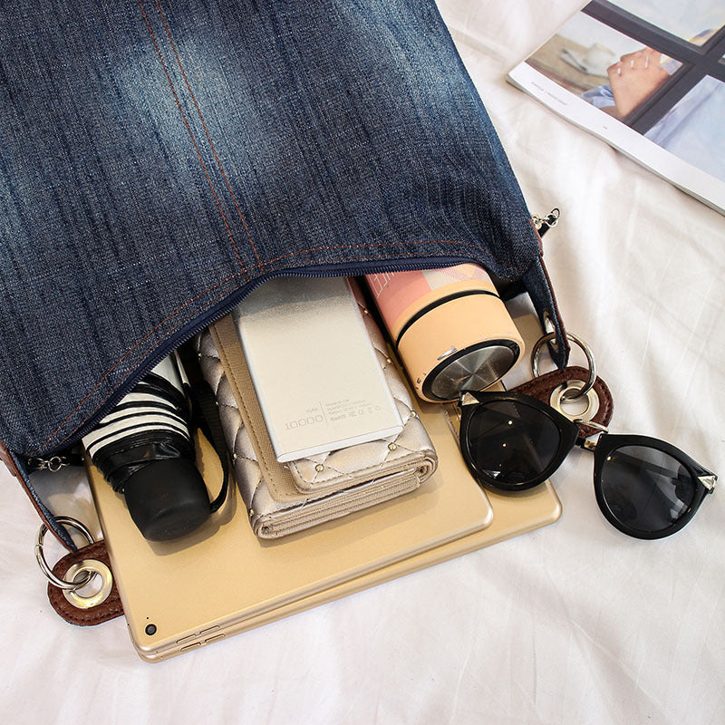 Denim Shoulder Zipped Bag. Bag,Cotton,Denim