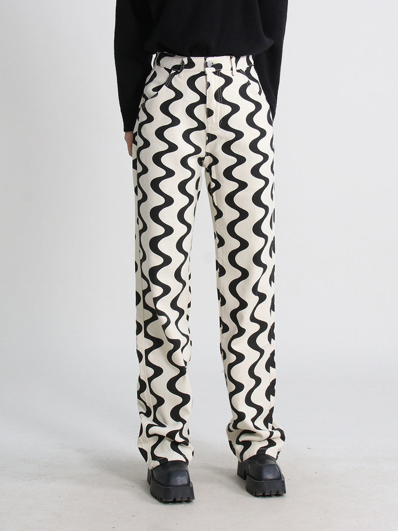 Long Straight Black And White Corrugated Women's Jeans Casual.