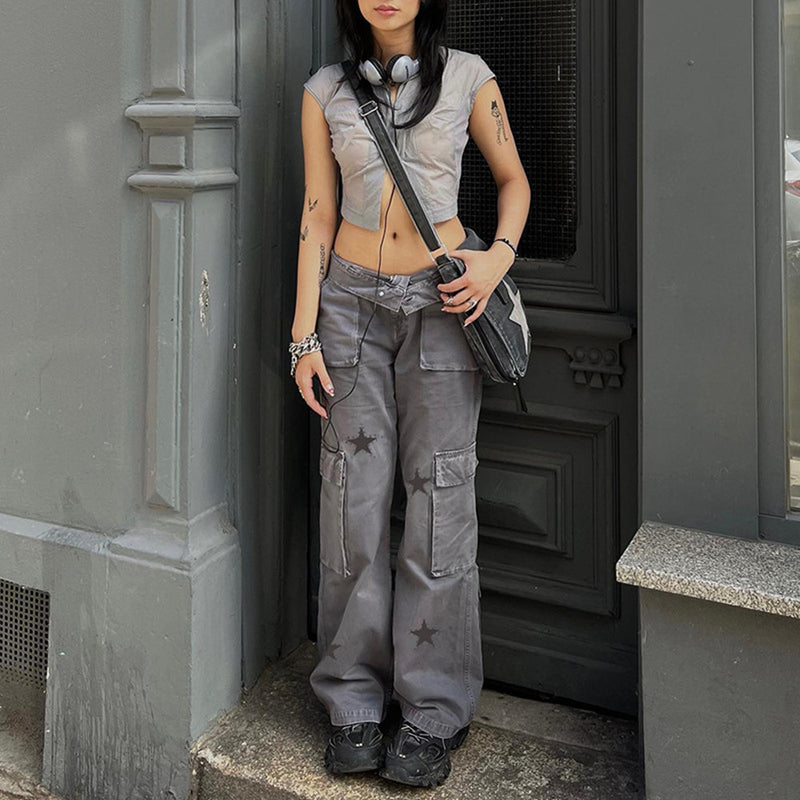 Street Retro Low Rise Denim Cargo Pants.