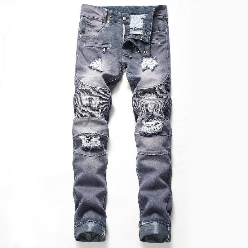 Nostalgic Ripped Motorcycle Jeans Straight Personality. Denim,ripped,Straight,Vintage