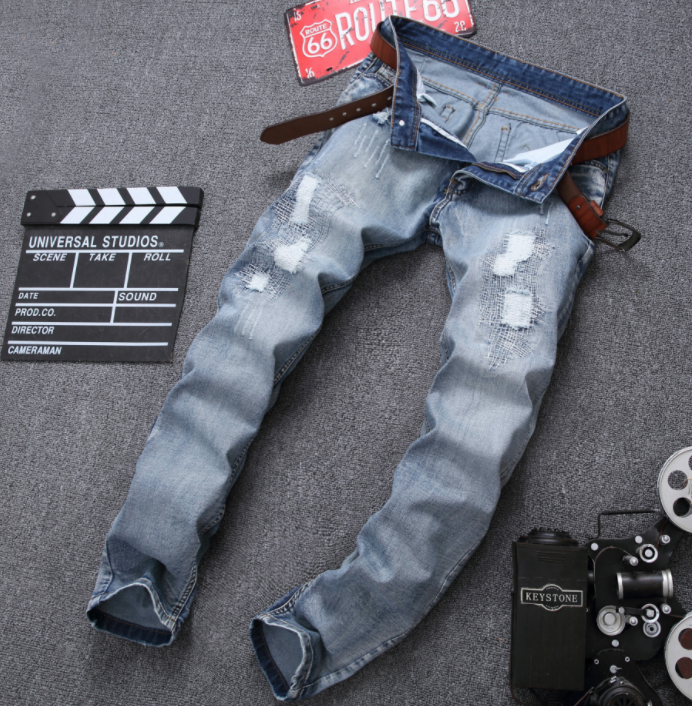 Men’s Fashion Ripped Jeans Light Blue Slim Fit Distressed Denim Jeans. Denim,Distressed,Jeans,Light,ripped,Slim