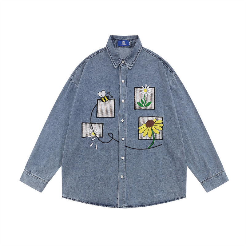 Floral Embroidery Denim Washed Long Sleeve Shirt Coat Loose Casual Polo Collar Top