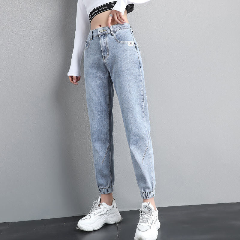 Women Streetwear Ankle Banded Jeans Korean Fashion Baggy.