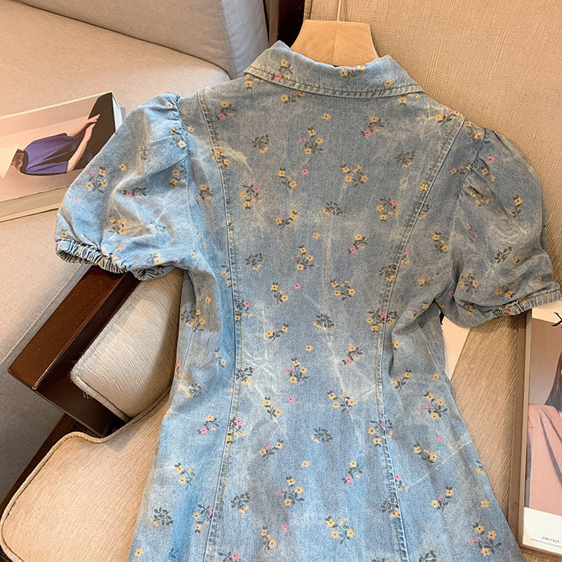 Women's Summer New Floral Puff Sleeve Denim Dress