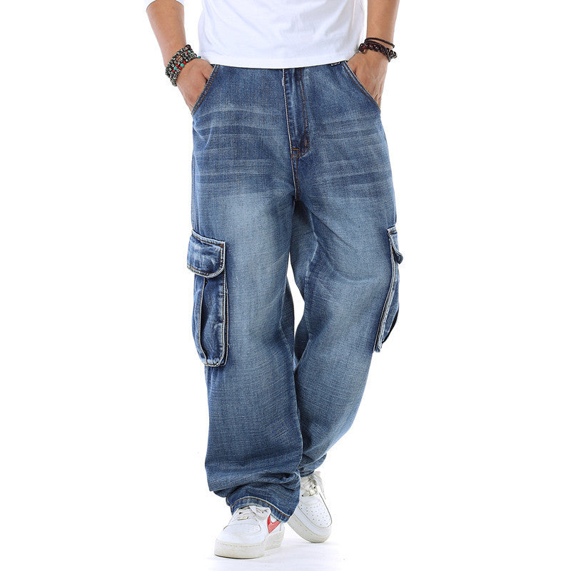 Large Fashion Multi-pocket Wide Jeans. Denim,Jeans,Pockets,Wide