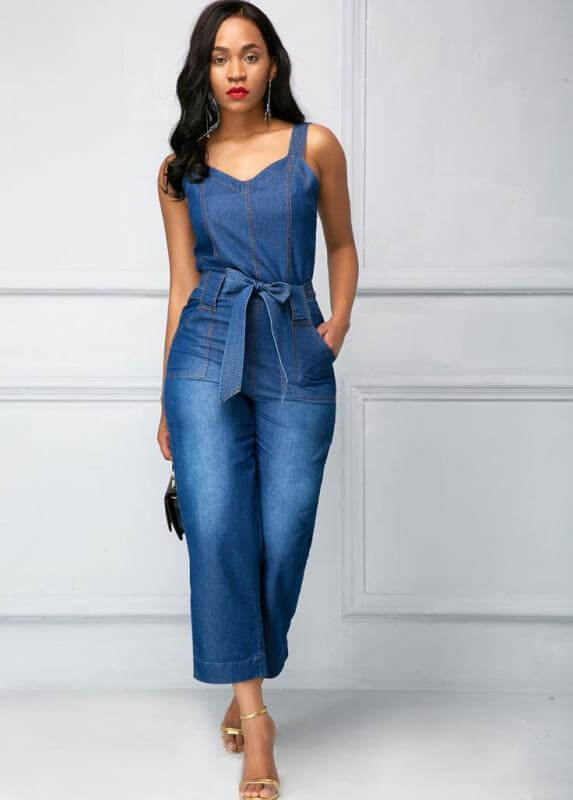 Sling Bowknot Denim Jumpsuit. Cotton,Denim,Jumpsuit