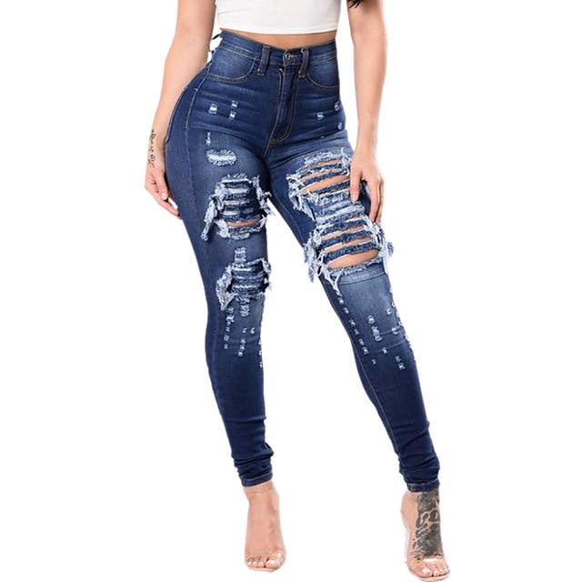 Women's Top Thigh Ripped Jeans. Cotton,Denim,ripped,Tight