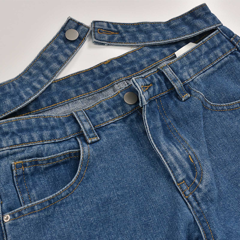 Women's New High-Waist Washed Blue Long Jeans.