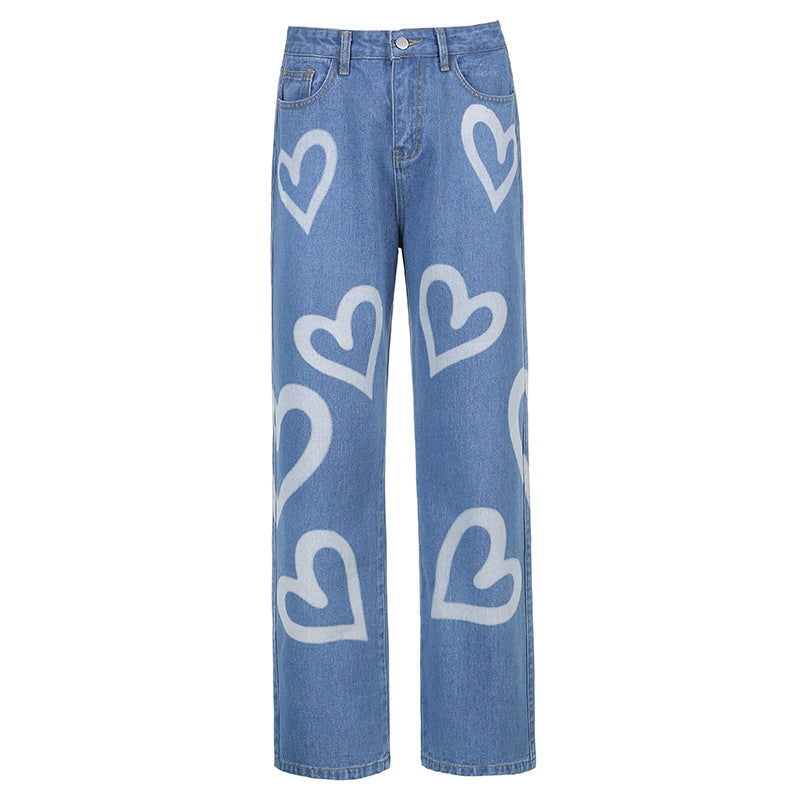 Love Graffiti Women's High Waist Straight Slim Jeans. Cotton,Denim,Hearts,Loose,Straight,Tie-dye