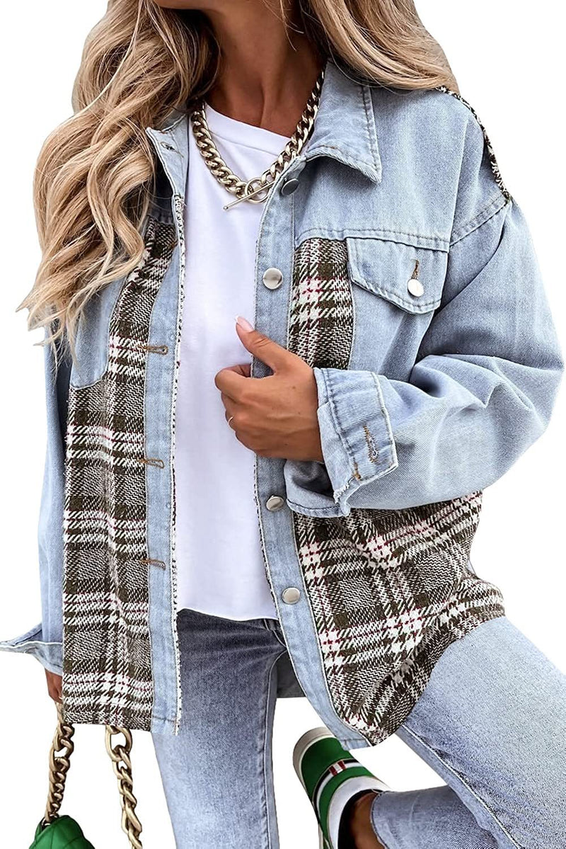 Denim Jacket Long Sleeve Plaid Button Down Shirt. Cotton,Denim,Jacket