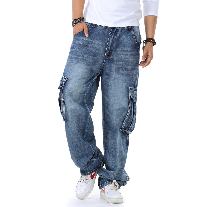 Large Fashion Multi-pocket Wide Jeans. Denim,Jeans,Pockets,Wide