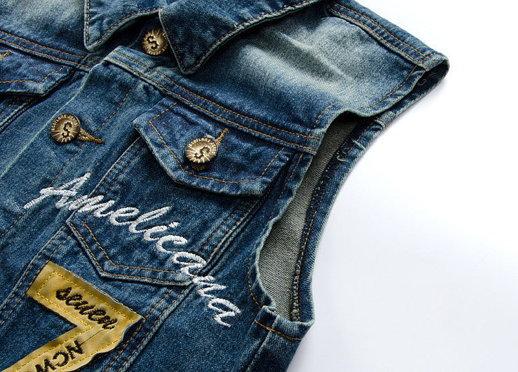 Men's Denim Waistcoat Jacket w/Embroidery