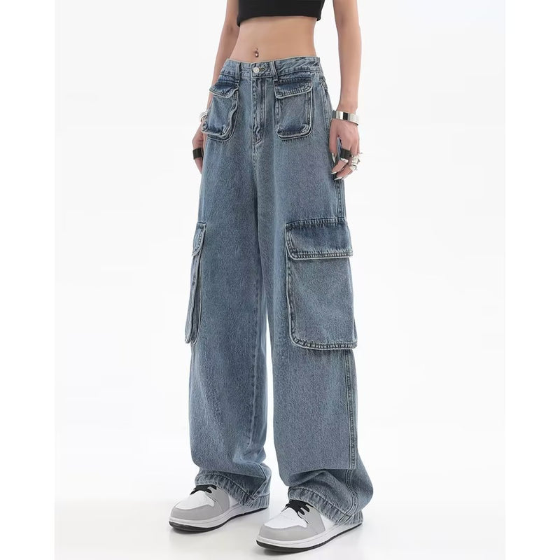 Women's Hip-hop Multi Pocket Straight Jeans.