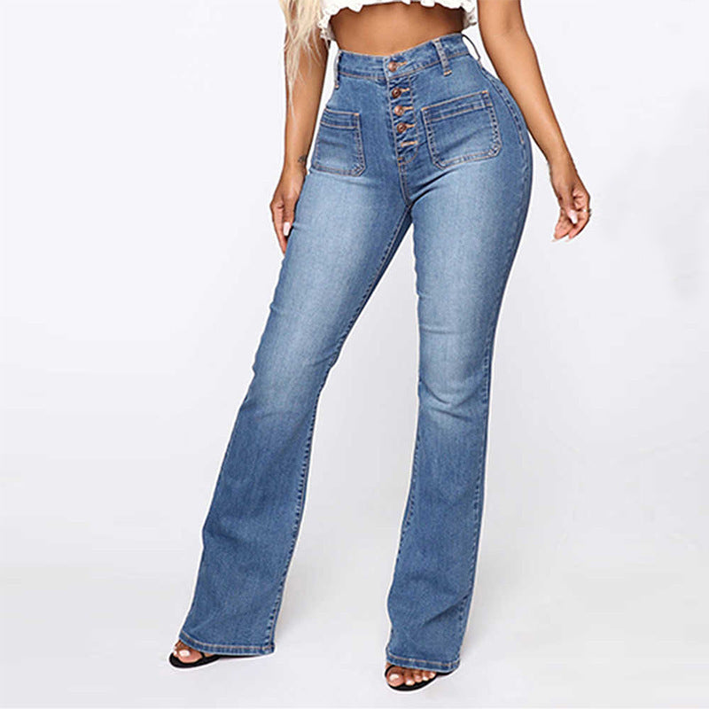 Plus Size Jeans Women Patch Pocket Washed Ladies High Waist Denim Trousers.