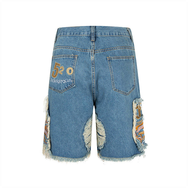 Mens Heavy-duty Ripped Embroidered Denim Shorts.